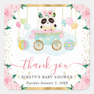 Waterverf Roze Circus Panda Bloemige Baby Shower Vierkante Sticker