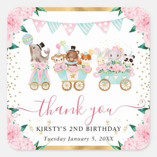 Waterverf Roze Circusdieren Floral Birthday Vierkante Sticker (Voorkant)