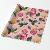 Waterverf Roze Citrus Kerstmis  Cadeaupapier (Uitgerold)