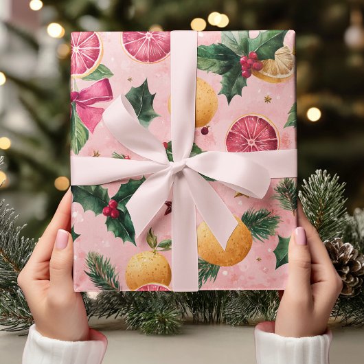 Waterverf Roze Citrus Kerstmis  Cadeaupapier