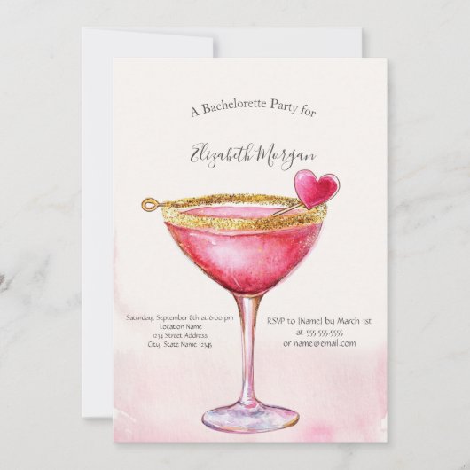 Waterverf Roze Cocktail Hart Bachelorette Party Kaart (Voorkant)
