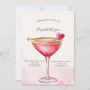 Waterverf Roze Cocktail Hart Bachelorette Party Kaart