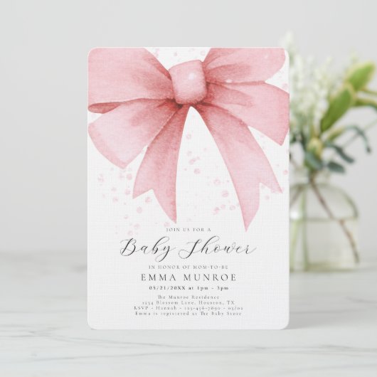 Waterverf Roze Coquette Bow Script Baby shower Kaart (Staand voorkant)