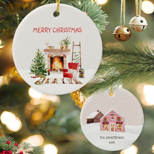 Waterverf Roze Cottage Open Haard Kerstmis Keramisch Ornament
