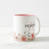 Waterverf Roze Cream Flowers | Naam Monogram Tweekleurige Koffiemok (Voorkant rechts)