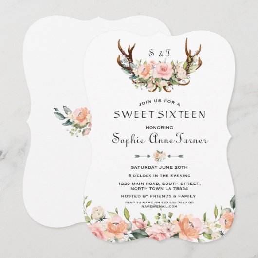 Waterverf Roze Crème Bloemige Geweien Sweet 16 Kaart (Voorkant / Achterkant)