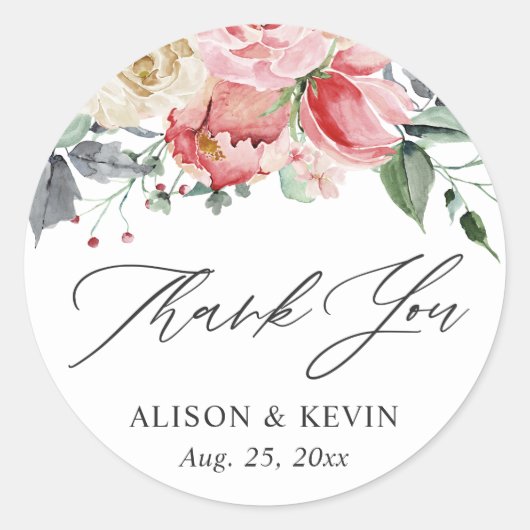 Waterverf Roze Crème Roos Bloemige Dankjewel Ronde Sticker (Voorkant)