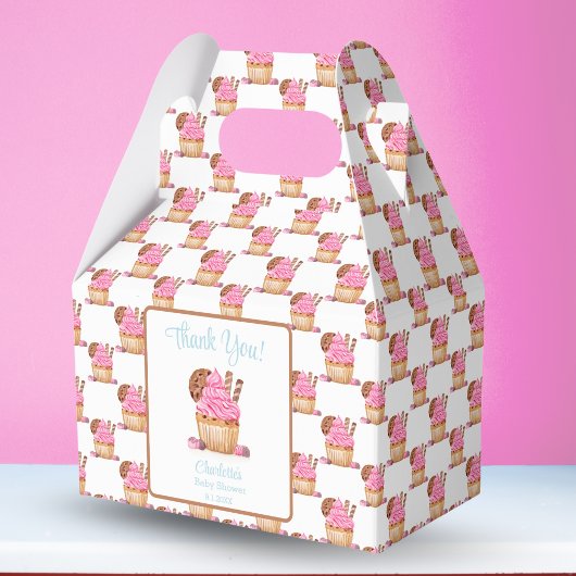 Waterverf roze cupcake met chocolade Baby shower Bedankdoosjes