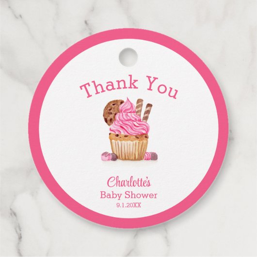 Waterverf roze cupcake met chocolade Baby shower Bedankjes Labels (Achterkant)