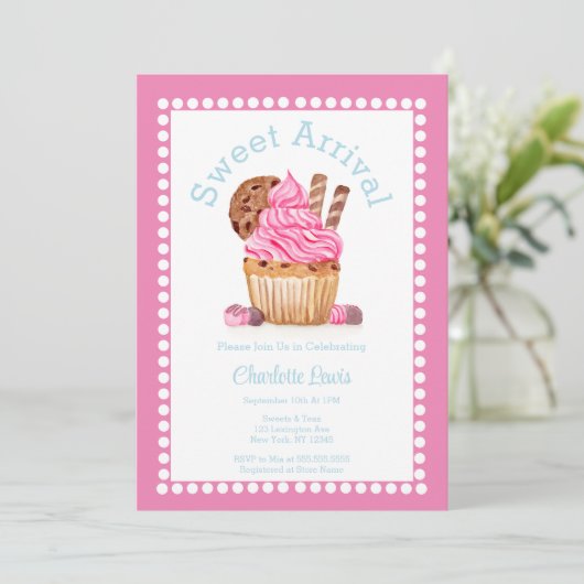 Waterverf roze cupcake met chocolade Baby shower Kaart (Staand voorkant)