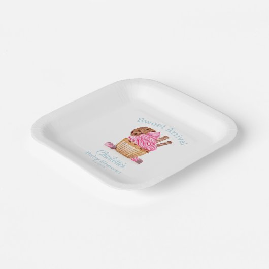 Waterverf roze cupcake met chocolade Baby shower Papieren Bordje (Gebogen)