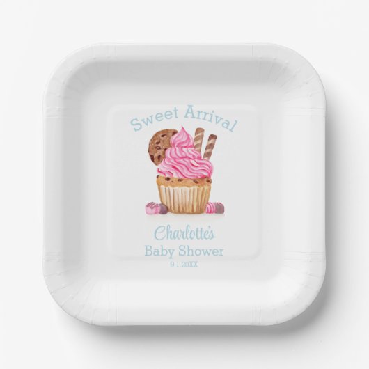 Waterverf roze cupcake met chocolade Baby shower Papieren Bordje (Voorkant)