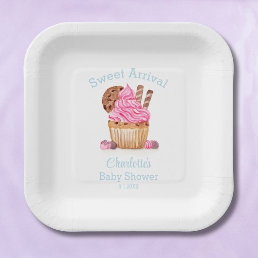 Waterverf roze cupcake met chocolade Baby shower Papieren Bordje