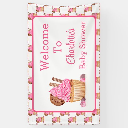 Waterverf Roze Cupcake met Chocolade Baby Welkom Spandoek (Verticaal)