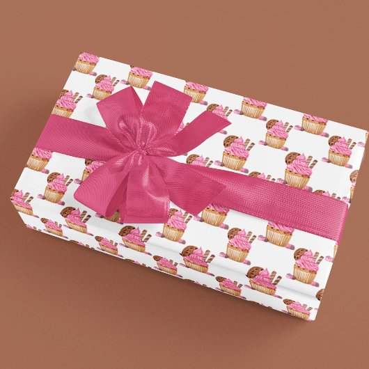Waterverf roze cupcake met chocolade patroon cadeaupapier