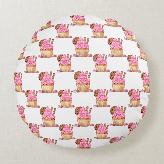 Waterverf roze cupcake met chocolade patroon rond kussen (Voorkant)