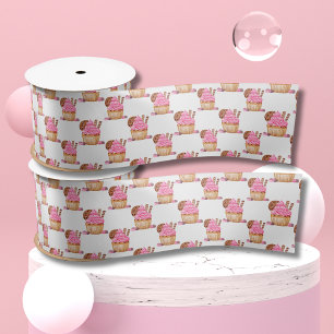 Waterverf roze cupcake met chocolade patroon satijnen lint