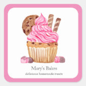 Waterverf roze cupcake met chocoladebakkerij vierkante sticker (Voorkant)
