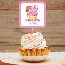 Waterverf roze cupcake met chocoladebakkerij vierkante sticker