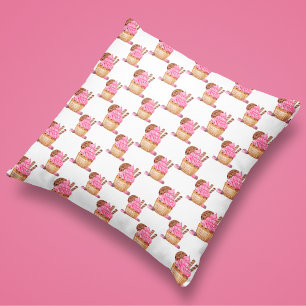 Waterverf roze cupcake met chocoladepatroon kussen