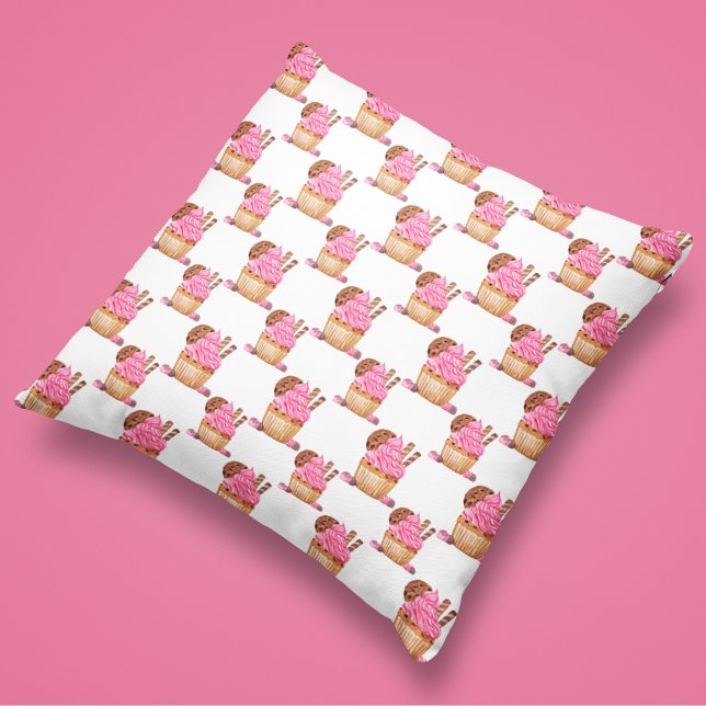 Waterverf roze cupcake met chocoladepatroon kussen (Creator heeft geüpload)