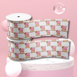 Waterverf roze cupcake met chocoladepatroon satijnen lint