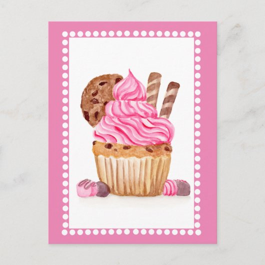 Waterverf roze cupcake met chocoladeverjaardag briefkaart (Voorkant)