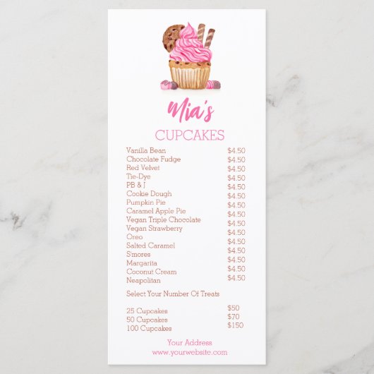Waterverf roze cupcake met cookie bakkerij prijzen menu (Voorkant)