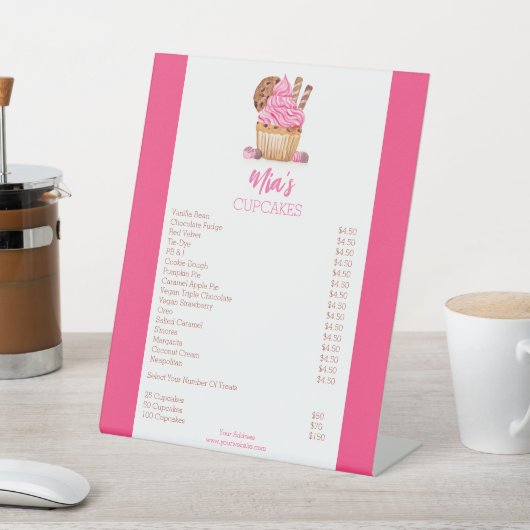 Waterverf roze cupcake met cookie bakkerij prijzen reclamebord met voetstuk (Insitu)