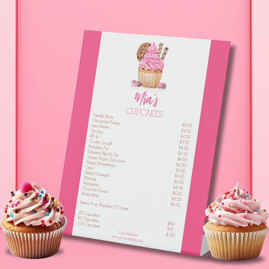 Waterverf roze cupcake met cookie bakkerij prijzen reclamebord met voetstuk