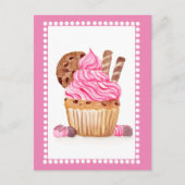 Waterverf Roze Cupcake Met Verjaardagschocolade Briefkaart (Voorkant)