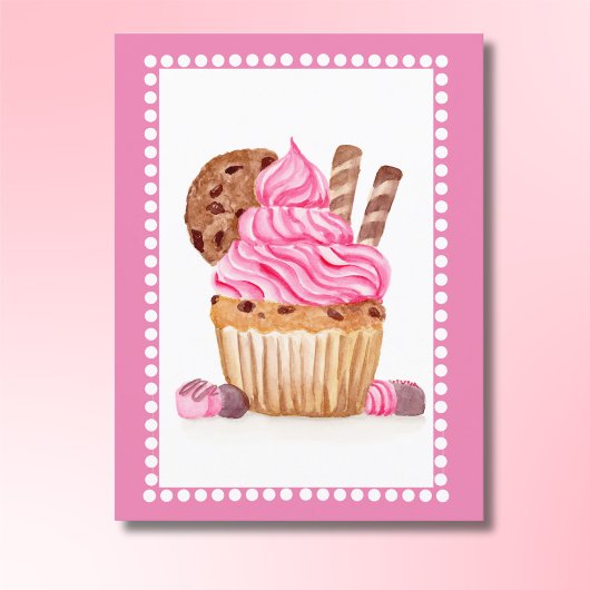Waterverf Roze Cupcake Met Verjaardagschocolade Briefkaart