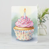 Waterverf Roze Cupcake Verjaardagsuitnodigingen Kaart (Staand voorkant)