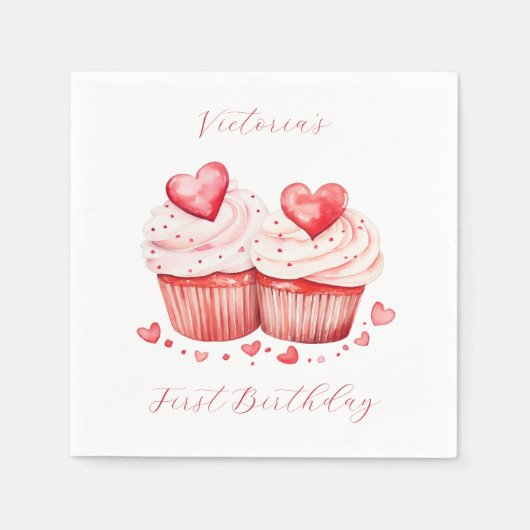 Waterverf roze cupcakes & harten verjaardagsfeestj servet (Voorkant)