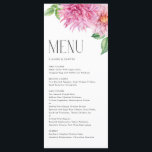 Waterverf Roze Dahlia Bloemen Bloemen Bloemen Bloe Menu<br><div class="desc">Voeg met deze aanpasbare menukaart een bloemenaccent toe aan uw event tafellaag. Het beschikt over aquarel roze en blush dahlia bloemen en minimalistische typografie. Personaliseer door datum en maaltijdkeuze toe te voegen. Deze bloemenmenukaart is perfect voor lentebruiloften,  baby showers,  vrijgezellenfeesten,  verjaardagen en meer.</div>