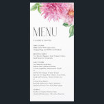 Waterverf Roze Dahlia Bloemen Bloemen Bloemen Bloe Menu<br><div class="desc">Voeg met deze aanpasbare menukaart een bloemenaccent toe aan uw event tafellaag. Het beschikt over aquarel roze en blush dahlia bloemen en minimalistische typografie. Personaliseer door datum en maaltijdkeuze toe te voegen. Deze bloemenmenukaart is perfect voor lentebruiloften,  baby showers,  vrijgezellenfeesten,  verjaardagen en meer.</div>