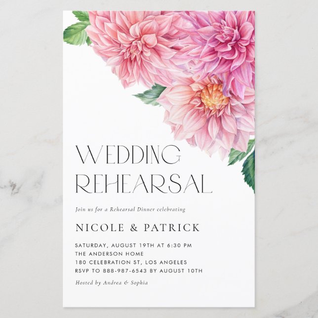 Waterverf Roze Dahlia repetitie dineruitnodiging (Voorkant)