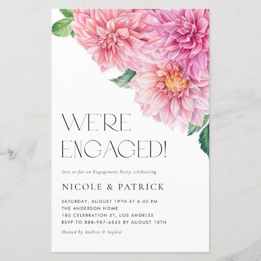 Waterverf Roze Dahlia Verlovingsfeest Uitnodiging (Voorkant)