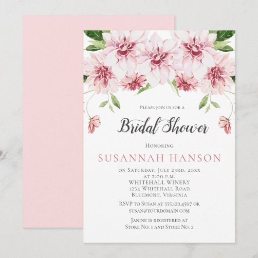 Waterverf Roze Dahlias Bruids Douche Uitnodiging (Voorkant / Achterkant)