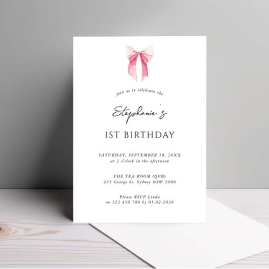 Waterverf Roze Dainty Bow 1e verjaardag Kaart
