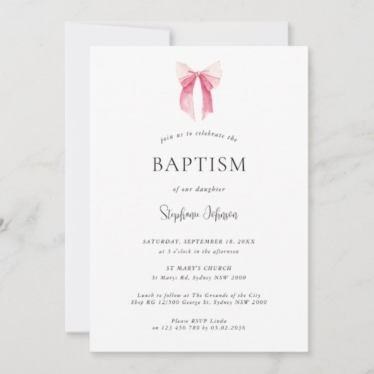 Waterverf Roze Dainty Bow Ribbon doop Kaart (Voorkant)