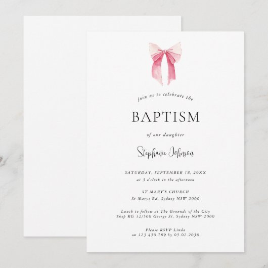 Waterverf Roze Dainty Bow Ribbon doop Kaart (Voorkant / Achterkant)