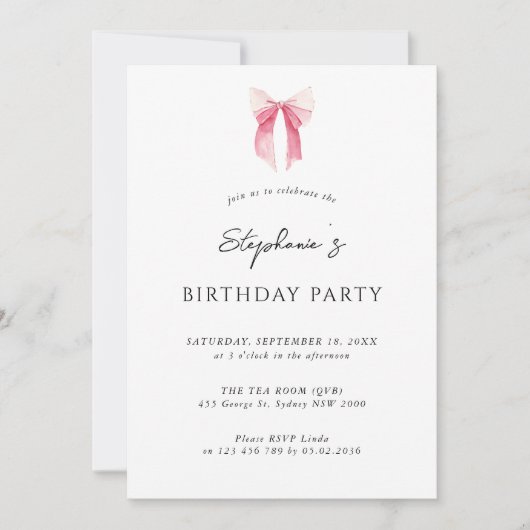 Waterverf Roze Dainty Bow Verjaardagsfeest Kaart (Voorkant)