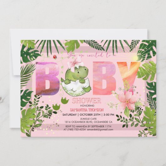 Waterverf Roze Dino Tropisch Meisje Baby shower Kaart (Voorkant)