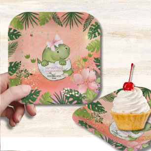 Waterverf Roze Dino Tropische Baby Shower Papieren Bordje