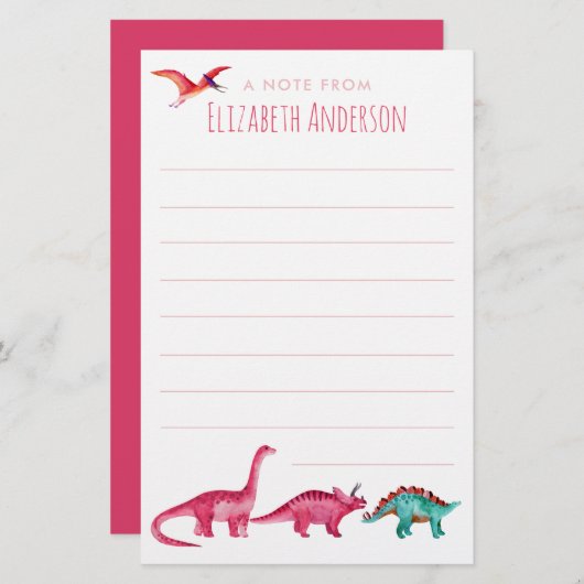 Waterverf Roze Dinosaur Briefpapier (Voorkant / Achterkant)