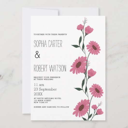 Waterverf roze donkergroene madeliefjes bloemenbru kaart (Voorkant)