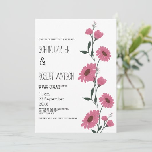 Waterverf roze donkergroene madeliefjes bloemenbru kaart (Staand voorkant)