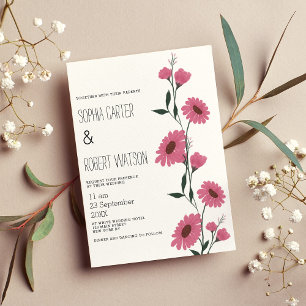 Waterverf roze donkergroene madeliefjes bloemenbru kaart