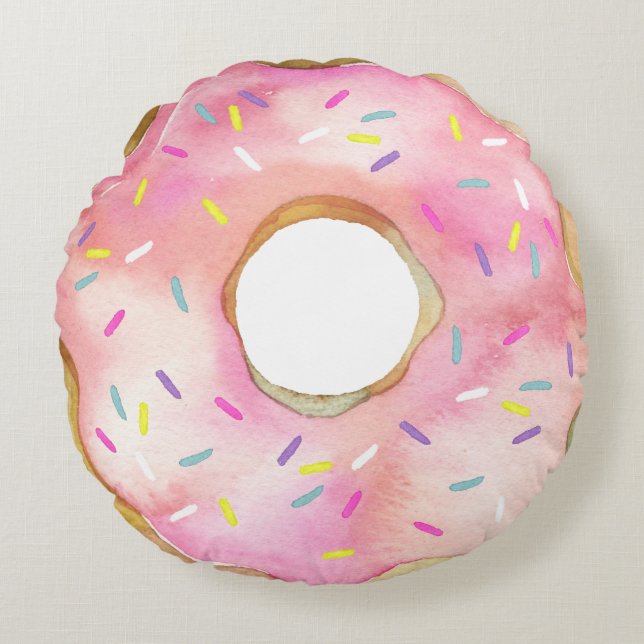 Waterverf Roze Donut Sprinkles Cute Doughnut Rond Kussen (Voorkant)